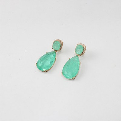 Brinco de Metal Gota com Zircônia Verde e Dourado
