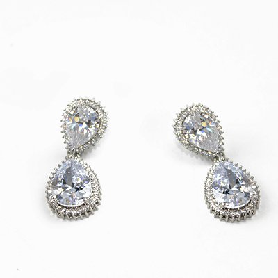 Brinco de Metal Prateado com Zircônia Gota Halo Cristal