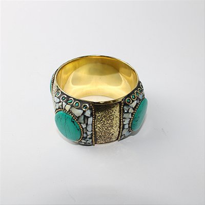 Pulseira Bracelete em Metal com Pedras Turquesa e Detalhes Trabalhados