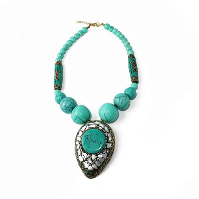 Maxi Colar de Metal Turquesa com Pingente Étnico