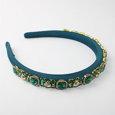 Tiara Arco de Cabelo Metal com Cristais Verdes e Transparentes