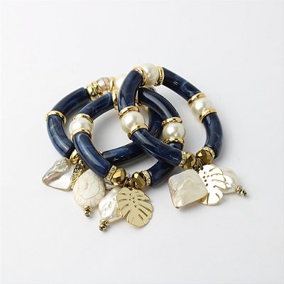 Kit Pulseira de Resina Marinho com Pérolas e Pingentes