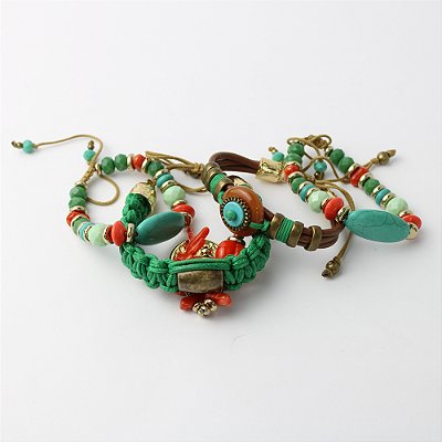 Kit Pulseira Metal e Cordão Boho Chic 4 Peças