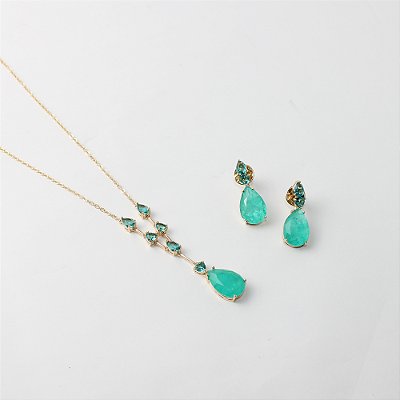 Conjunto de Colar e Brincos com Zircônias Gota Verde