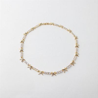 Colar Metal com Zircônias e Detalhes X Dourado
