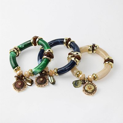 Kit 3 Pulseiras de Metal e Resina com Pingentes e Cristais
