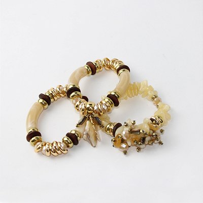 Kit 3 Pulseiras de Metal e Resina com Pedras e Pingente Bege