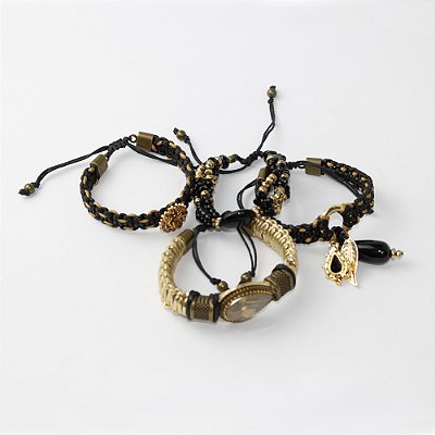 Kit 4 Pulseiras de Metal e Macramê com Pingentes e Cristais