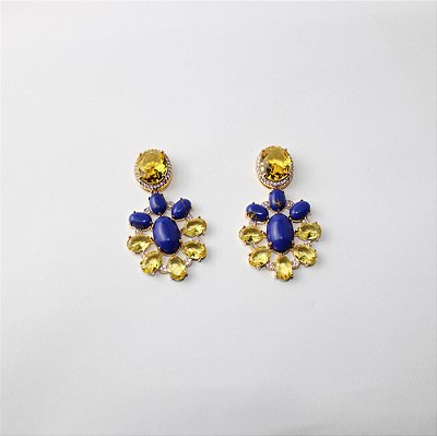 Brinco Maxi de Metal com Zircônias e Pedras Azul e Amarelo