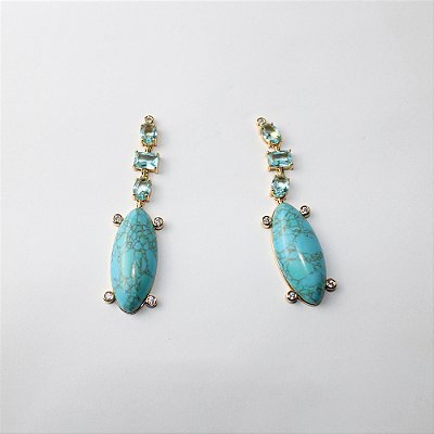 Brinco de Metal Longo com Pedras Turquesa e Cristais