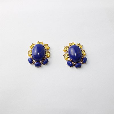 Brinco Metal Pedra Oval com Cristais Azul e Amarelo