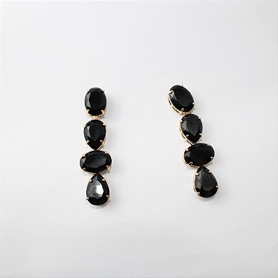 Brinco de Metal Articulado com Pedras Pretas e Dourado