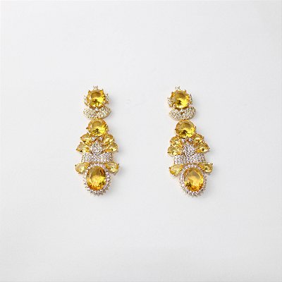 Brinco Maxi de Metal com Zircônias e Cristais Amarelo e Dourado
