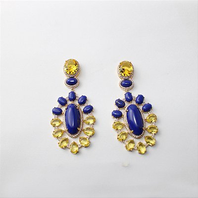 Brinco Maxi de Metal com Zircônias e Pedras Azul e Amarelo
