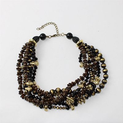 Colar de Metal Curto com Mix de Contas Preto e Dourado