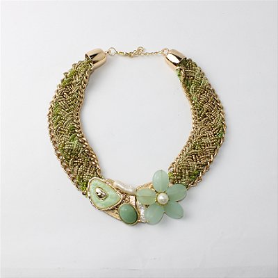 Colar Maxi de Metal Entrelaçado com Flor Verde Claro e Dourado