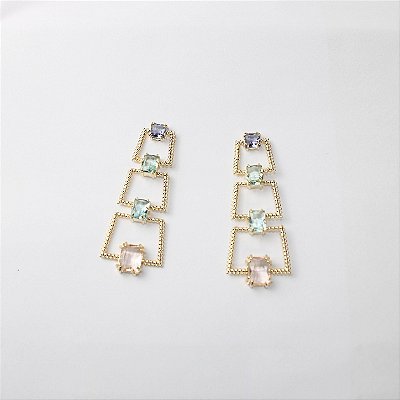 Brinco Metal Cristal Dourado Colorido