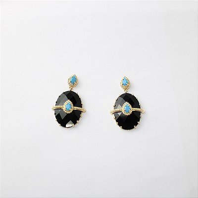 Brinco Metal Cristal Preto e Dourado Oval com Pedra Azul