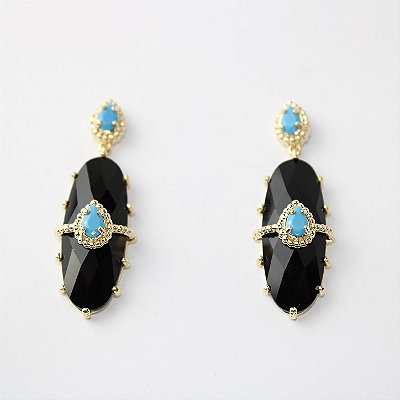 Brinco Metal Cristal Preto e Dourado com Pedra Azul