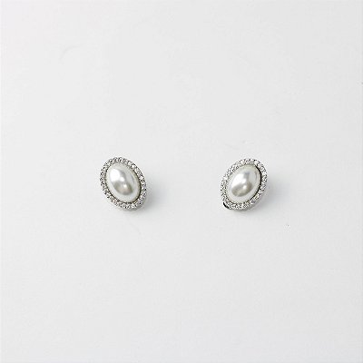 Brinco Metal Pressão Oval Pérola e Zircônia