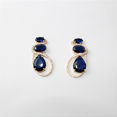 Brinco Metal Zircone Azul Escuro e Dourado
