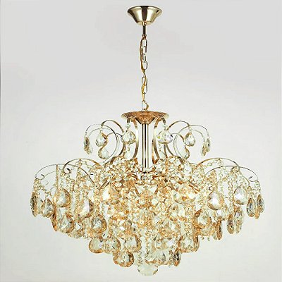 Lustre Classico 80cm Dourado e Ambar para 9 Lampadas E14 Bivolt