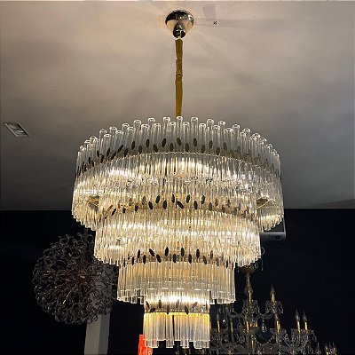 Lustre Redondo Cristal Ø80x55cm Dourado para 14 Lampadas E14 Bivolt