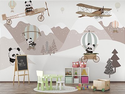 Papel de Parede Floresta Aviador panda infantil marrom