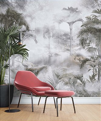 Papel de Parede Safari com Folhas Grandes e Neblina 6