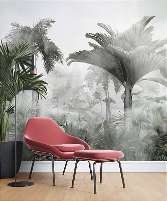 Papel de Parede Safari com Folhas Grandes e Neblina 8