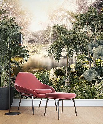 Papel de Parede Safari com Folhas Grandes e Neblina 15