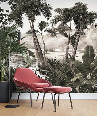 Papel de Parede Safari com Folhas Grandes e Neblina 19