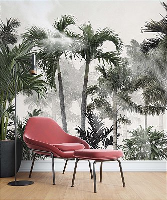 Papel de Parede Safari com Folhas Grandes e Neblina 21