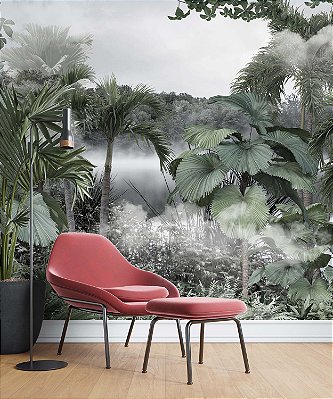 Papel de Parede Safari com Folhas Grandes e Neblina 25