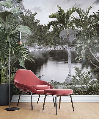 Papel de Parede Safari com Folhas Grandes e Neblina 27