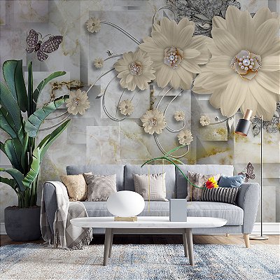 Papel de Parede de Flores Gigantes Bege