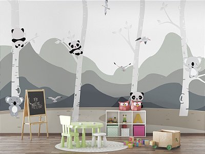 Papel de Parede Infantil de Pandas nas Montanhas