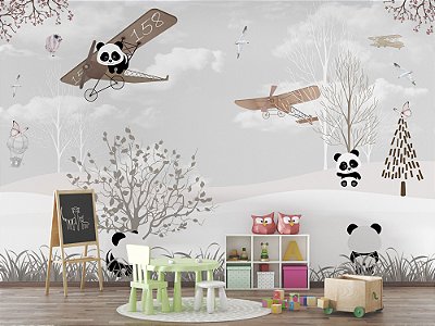 Papel de Parede Infantil de Pandas em Aviões na Floresta