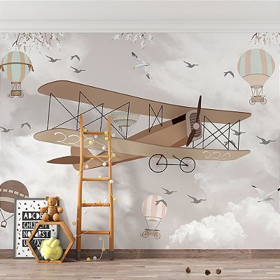Papel de Parede Infantil de Aviões e Balões no Céu