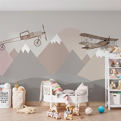 Papel de Parede Infantil de Aviões de Montanhas Coloridas
