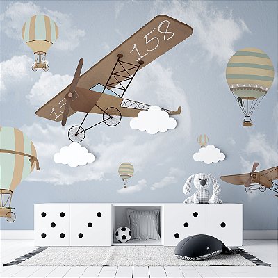Papel de Parede Infantil de Aviões e Balões no Céu Azul com Nuvens