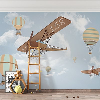 Papel de Parede Infantil de Aviões e Balões no Céu Azul com Nuvens