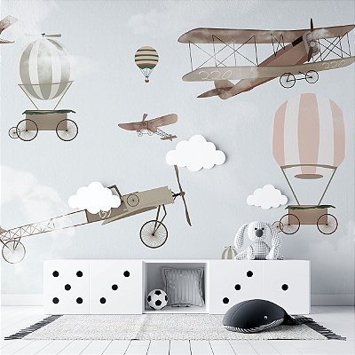 Papel de Parede Infantil de Aviões e Balões Voando nos Céus