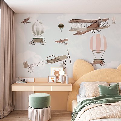 Papel de Parede Infantil de Aviões e Balões Voando nos Céus