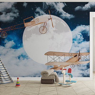 Papel de Parede Infantil de Aviões na Lua Cheia