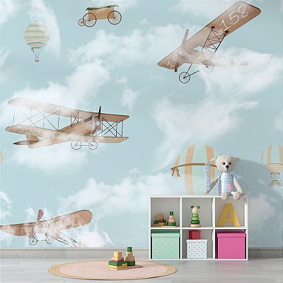 Papel de Parede Infantil de Diversos Aviões no Céu Azul