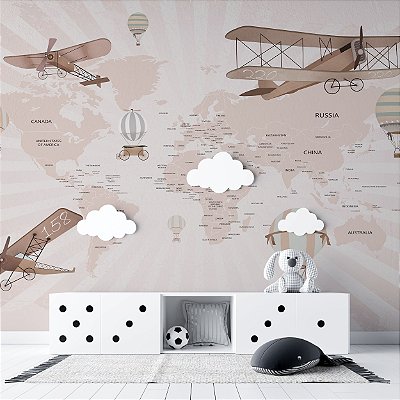 Papel de Parede Infantil de Aviões e Balões no Mapa Mundi
