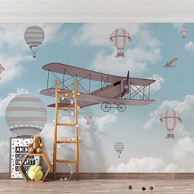 Papel de Parede Infantil de Aviões e Balões no Céu Azul com Nuvens Brancas