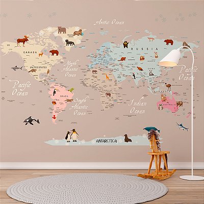 Papel de Parede Infantil de Mapa Mundi Colorido com Animais