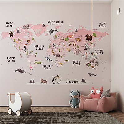 Papel de Parede Infantil de Mapa Mundi de Menina com Animais